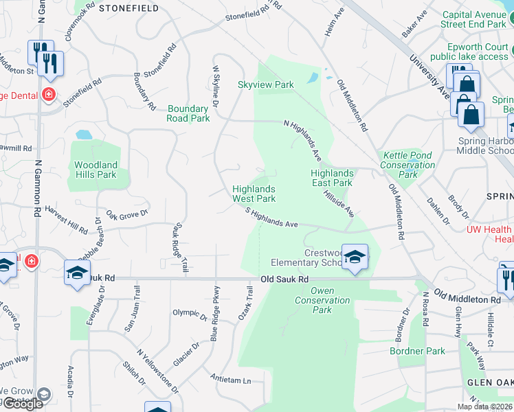 map of restaurants, bars, coffee shops, grocery stores, and more near 6116 South Highlands Avenue in Madison