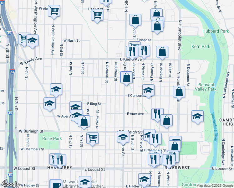 map of restaurants, bars, coffee shops, grocery stores, and more near 404 East Concordia Avenue in Milwaukee