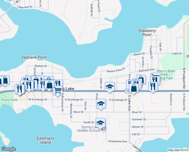 map of restaurants, bars, coffee shops, grocery stores, and more near 325 Lakeview Street in Spring Lake