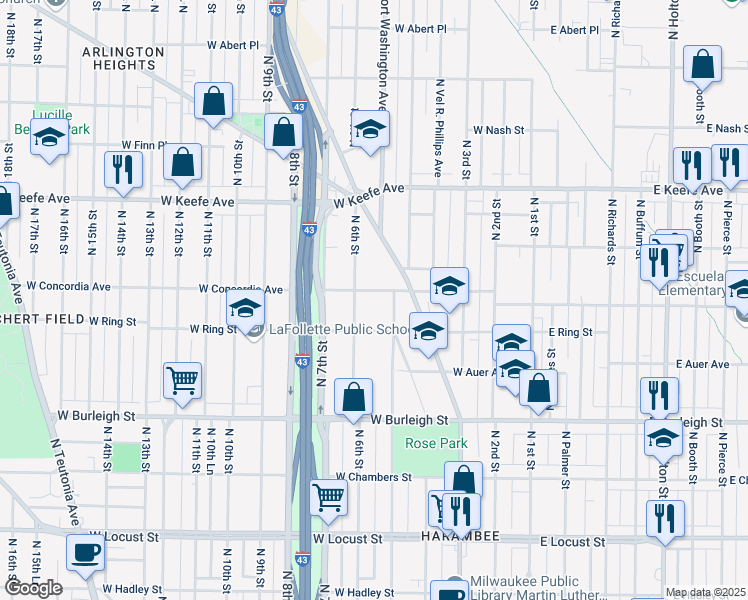 map of restaurants, bars, coffee shops, grocery stores, and more near 535 West Concordia Avenue in Milwaukee