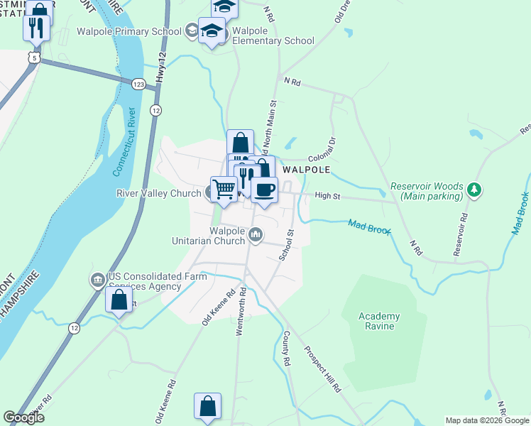 map of restaurants, bars, coffee shops, grocery stores, and more near 40 Main Street in Walpole
