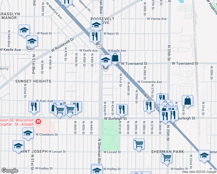 map of restaurants, bars, coffee shops, grocery stores, and more near 4216 West Sieben Place in Milwaukee