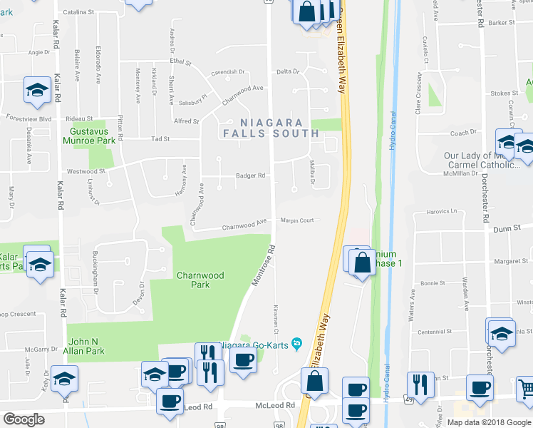 map of restaurants, bars, coffee shops, grocery stores, and more near 6663 Montrose Road in Niagara Falls