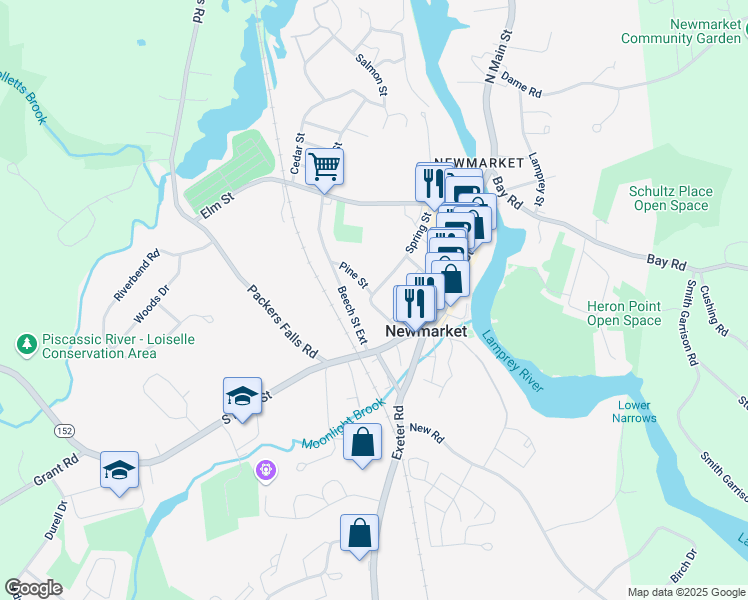 map of restaurants, bars, coffee shops, grocery stores, and more near 39 Spring Street in Newmarket