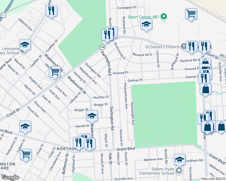 map of restaurants, bars, coffee shops, grocery stores, and more near 118 Maplehurst Avenue in Syracuse