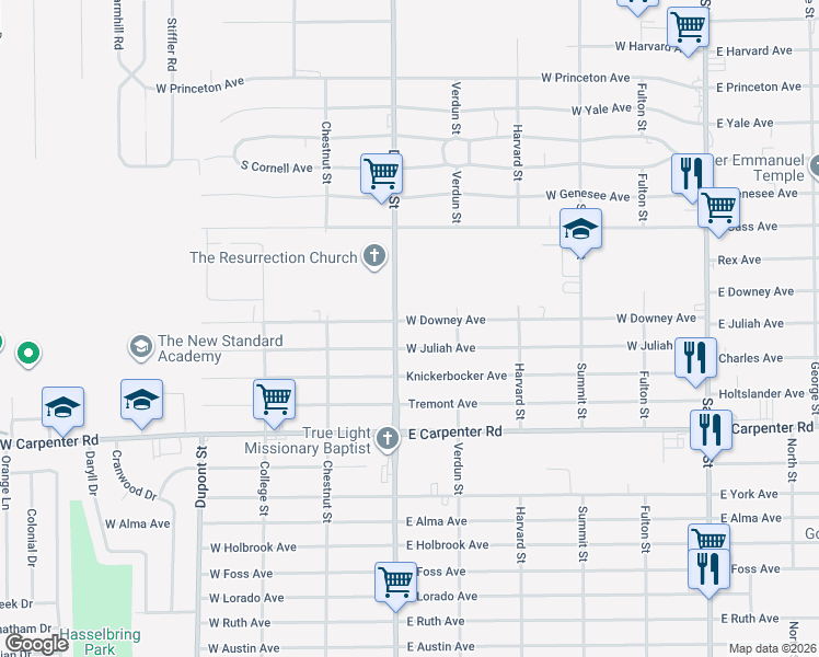 map of restaurants, bars, coffee shops, grocery stores, and more near 1309 East Downey Avenue in Flint
