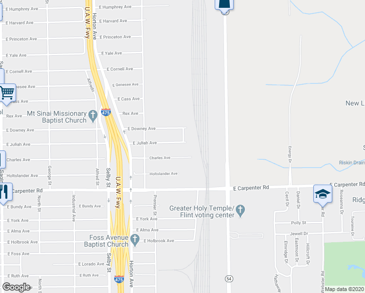 map of restaurants, bars, coffee shops, grocery stores, and more near 1416 East Juliah Avenue in Flint