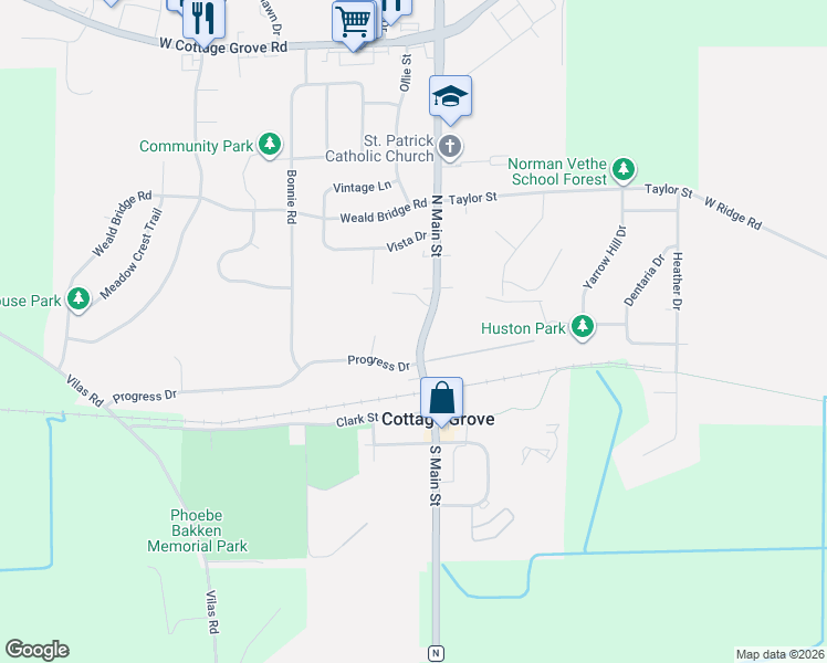map of restaurants, bars, coffee shops, grocery stores, and more near 163 N Main St in Cottage Grove