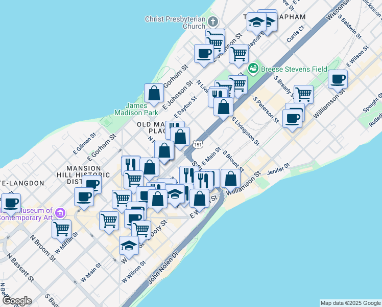 map of restaurants, bars, coffee shops, grocery stores, and more near 603 East Washington Avenue in Madison