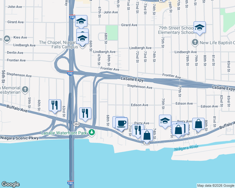 map of restaurants, bars, coffee shops, grocery stores, and more near 334 70th Street in Niagara Falls