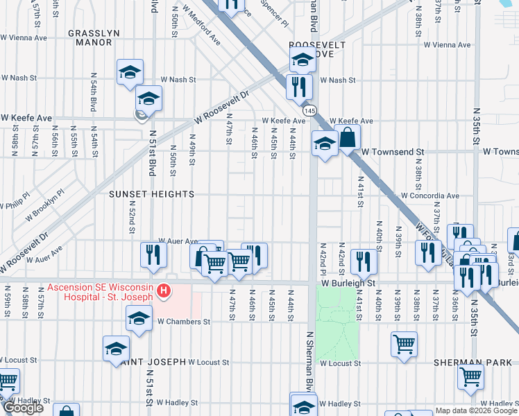 map of restaurants, bars, coffee shops, grocery stores, and more near 3270 North 46th Street in Milwaukee