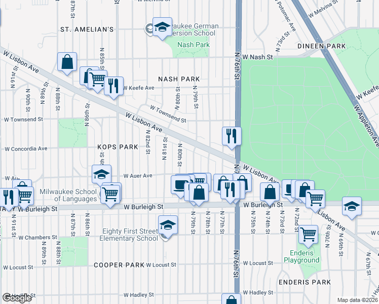 map of restaurants, bars, coffee shops, grocery stores, and more near 3265 North 79th Street in Milwaukee