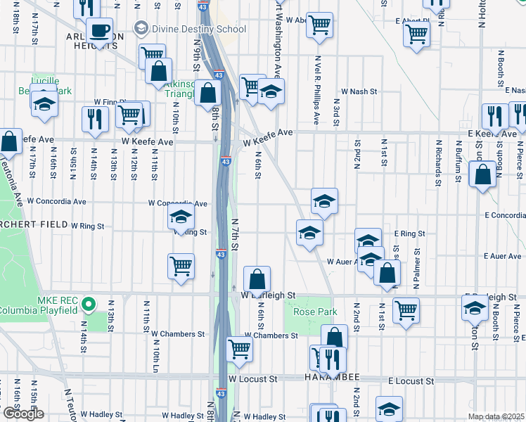map of restaurants, bars, coffee shops, grocery stores, and more near 541-547 West Concordia Avenue in Milwaukee
