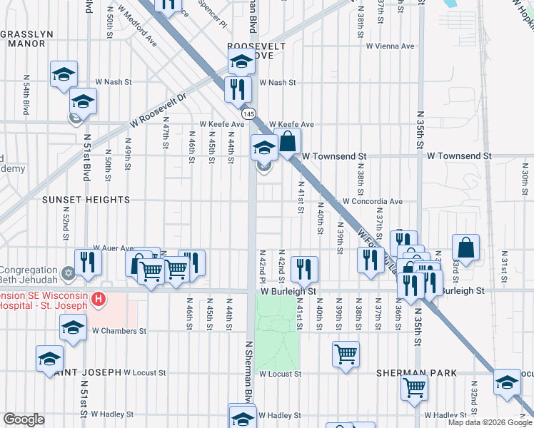 map of restaurants, bars, coffee shops, grocery stores, and more near 4226 West Sieben Place in Milwaukee