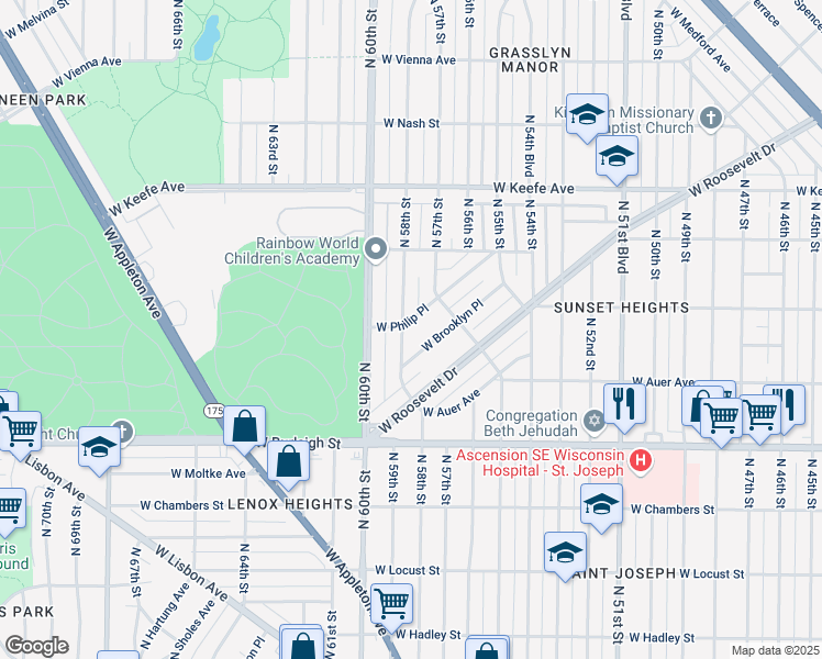 map of restaurants, bars, coffee shops, grocery stores, and more near 5757 W Philip Pl in Milwaukee