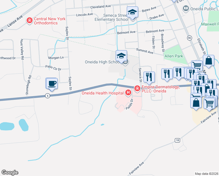 map of restaurants, bars, coffee shops, grocery stores, and more near 337 Genesee Street in Oneida