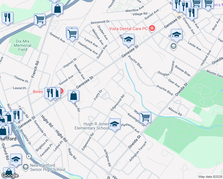 map of restaurants, bars, coffee shops, grocery stores, and more near 110 Southgate Road in Utica
