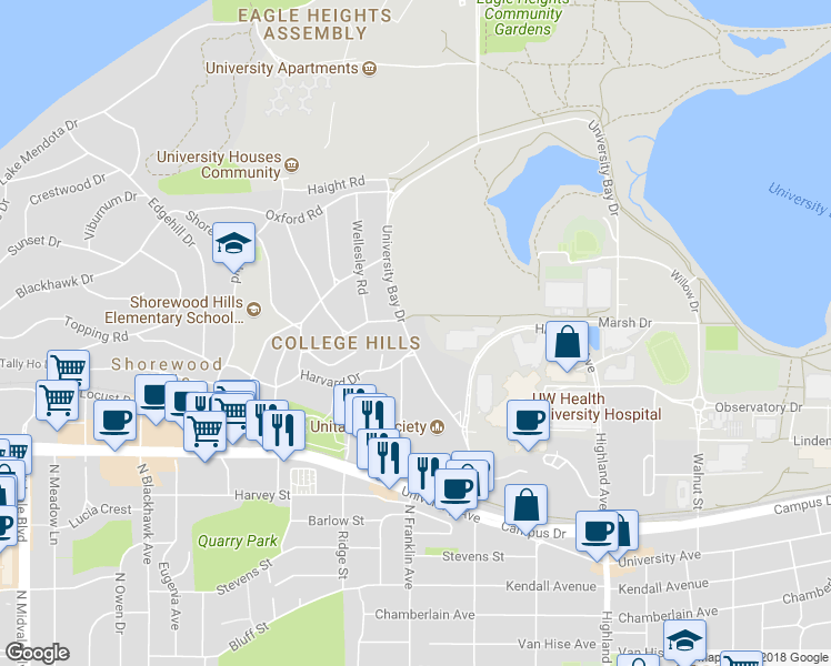 map of restaurants, bars, coffee shops, grocery stores, and more near 1007 University Bay Drive in Madison