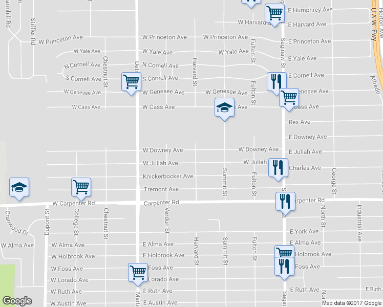 map of restaurants, bars, coffee shops, grocery stores, and more near 1199 West Downey Avenue in Flint