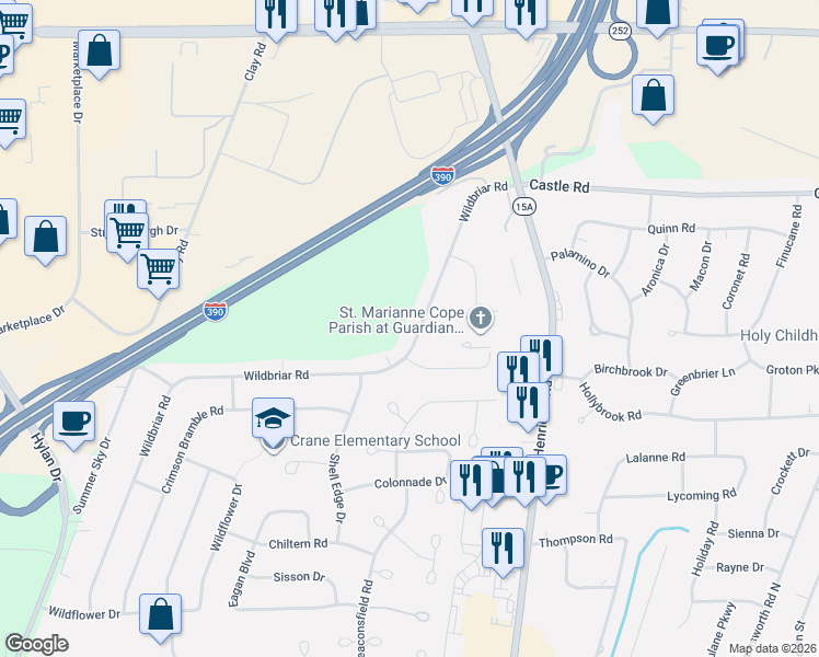 map of restaurants, bars, coffee shops, grocery stores, and more near 168 Wildbriar Road in Rochester