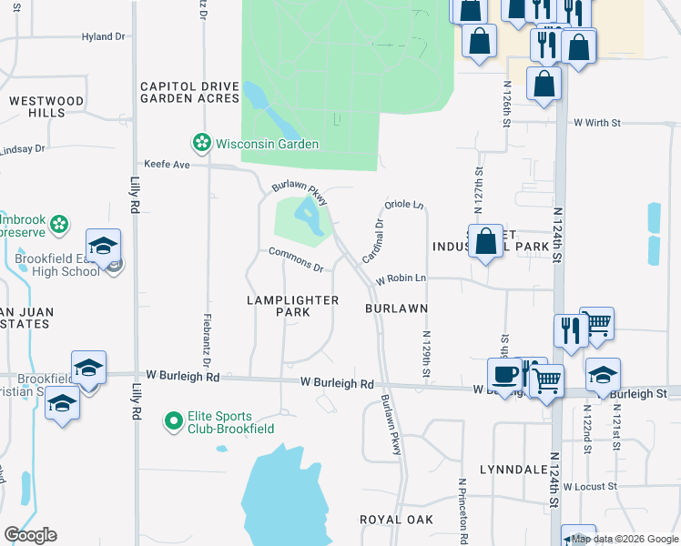 map of restaurants, bars, coffee shops, grocery stores, and more near 3310 Old Lantern Drive in Brookfield