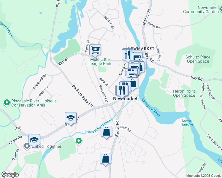 map of restaurants, bars, coffee shops, grocery stores, and more near 39 Spring Street in Newmarket