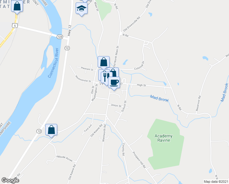 map of restaurants, bars, coffee shops, grocery stores, and more near 40 Main Street in Walpole