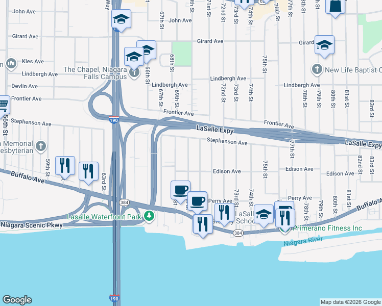 map of restaurants, bars, coffee shops, grocery stores, and more near 334 70th Street in Niagara Falls