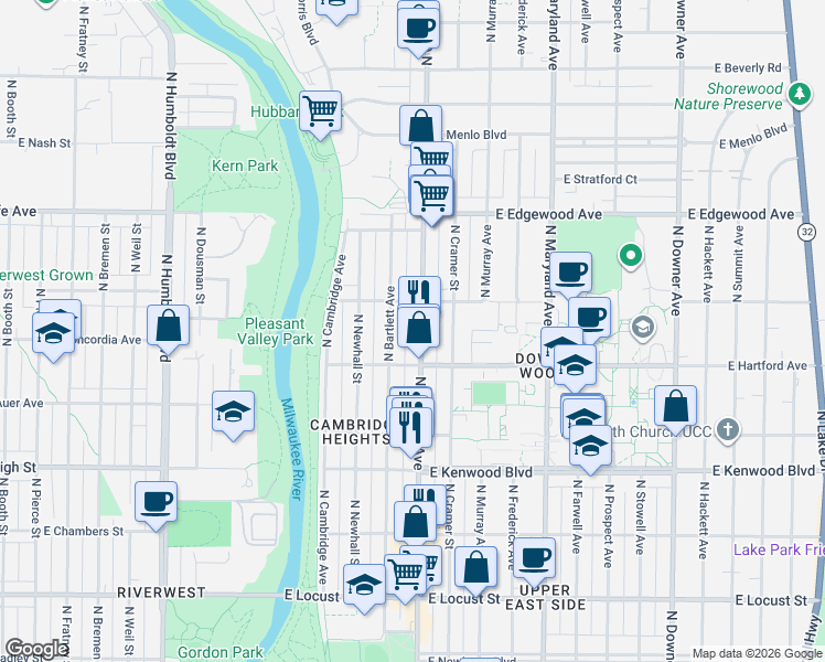 map of restaurants, bars, coffee shops, grocery stores, and more near 3335 North Oakland Avenue in Milwaukee