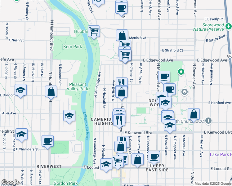 map of restaurants, bars, coffee shops, grocery stores, and more near 3335 North Oakland Avenue in Milwaukee