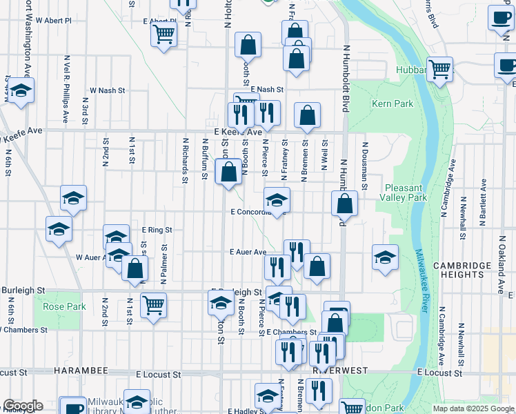 map of restaurants, bars, coffee shops, grocery stores, and more near 3301 North Pierce Street in Milwaukee