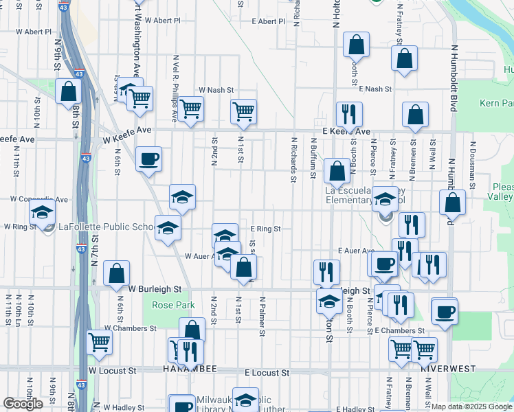 map of restaurants, bars, coffee shops, grocery stores, and more near 104 East Concordia Avenue in Milwaukee