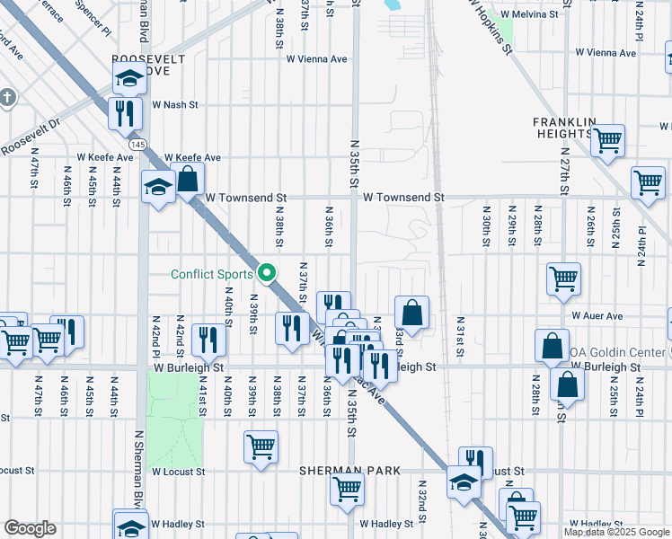 map of restaurants, bars, coffee shops, grocery stores, and more near 3267 North 36th Street in Milwaukee