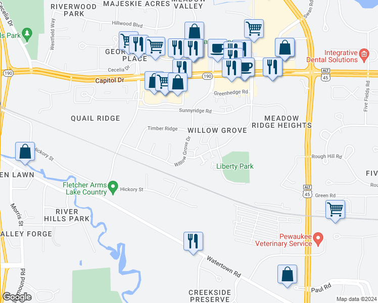 map of restaurants, bars, coffee shops, grocery stores, and more near 1315 Meadowcreek Drive in Pewaukee