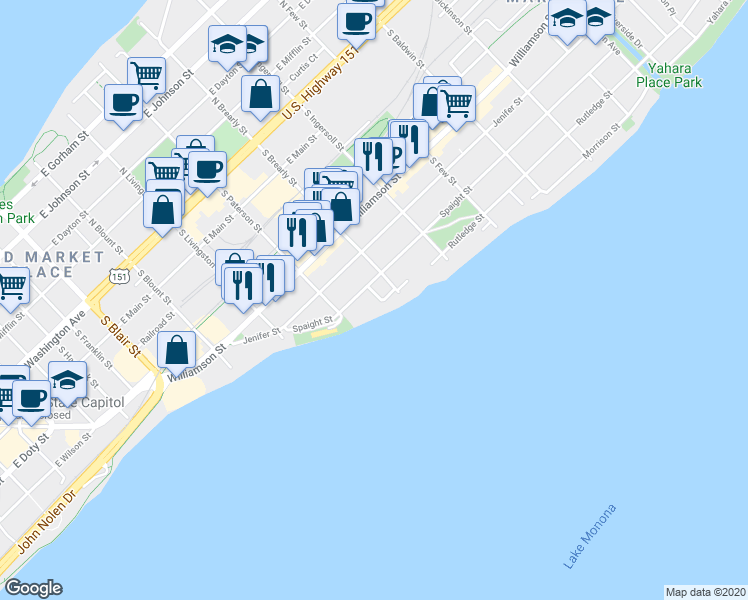 map of restaurants, bars, coffee shops, grocery stores, and more near 921 Spaight Street in Madison