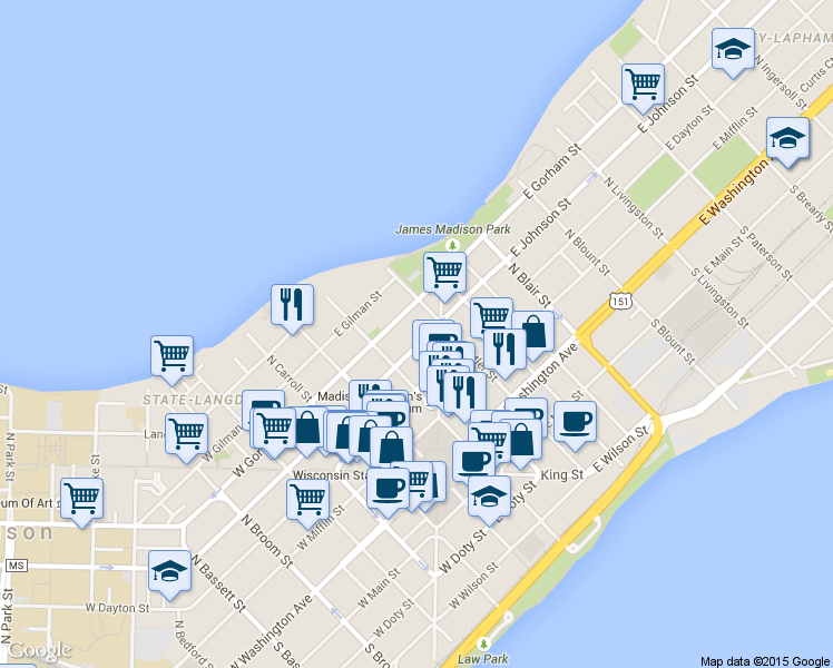 map of restaurants, bars, coffee shops, grocery stores, and more near 134 East Johnson Street in Madison