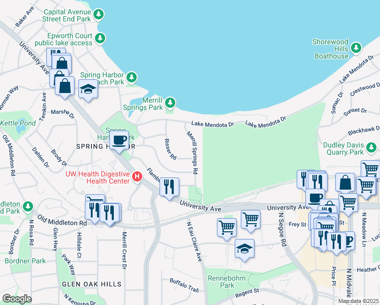 map of restaurants, bars, coffee shops, grocery stores, and more near 1102 Merrill Springs Road in Madison