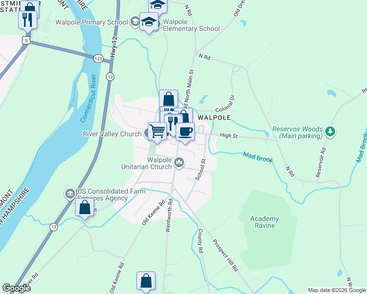 map of restaurants, bars, coffee shops, grocery stores, and more near 40 Main Street in Walpole