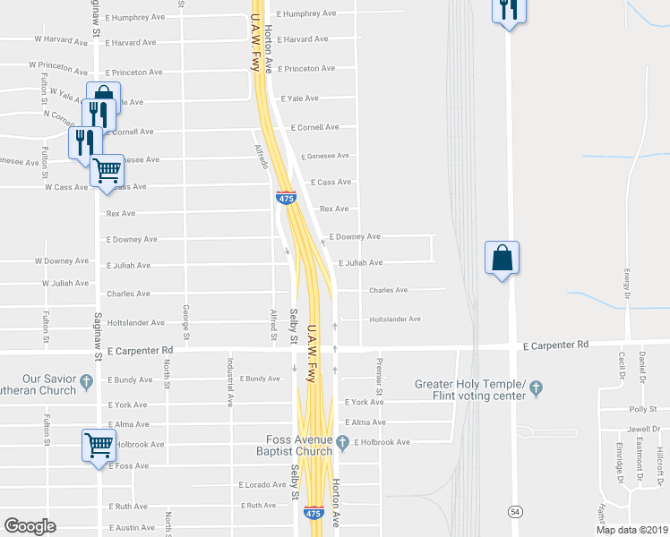 map of restaurants, bars, coffee shops, grocery stores, and more near 1304 East Juliah Avenue in Flint