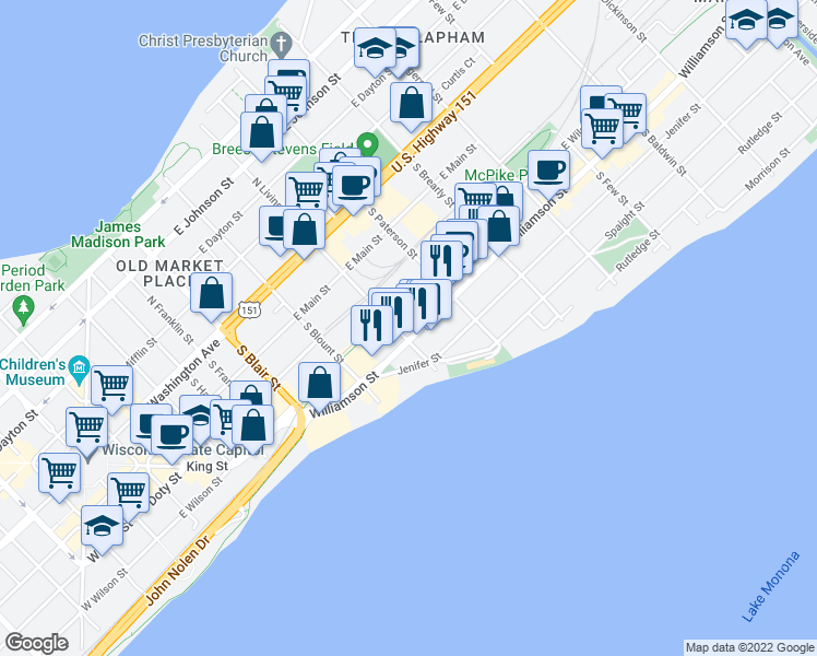 map of restaurants, bars, coffee shops, grocery stores, and more near 808 Williamson Street in Madison
