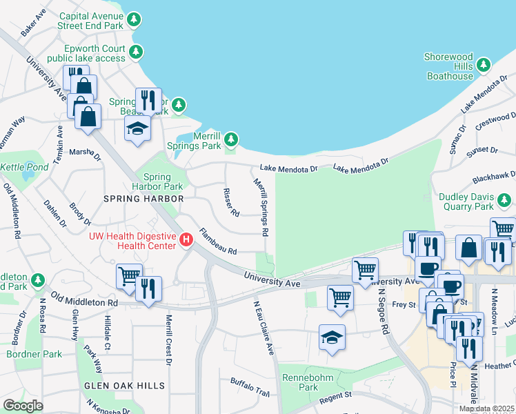 map of restaurants, bars, coffee shops, grocery stores, and more near 1102 Merrill Springs Rd in Madison