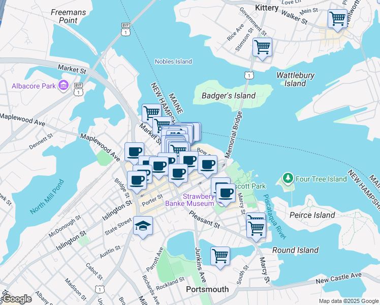 map of restaurants, bars, coffee shops, grocery stores, and more near 74 Bow Street in Portsmouth