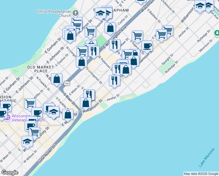 map of restaurants, bars, coffee shops, grocery stores, and more near 804 Williamson Street in Madison