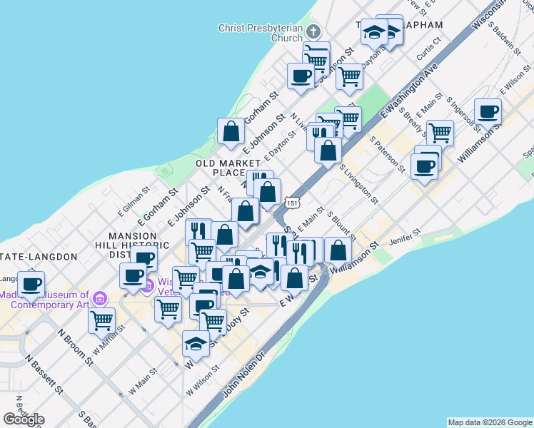 map of restaurants, bars, coffee shops, grocery stores, and more near 520 East Washington Avenue in Madison