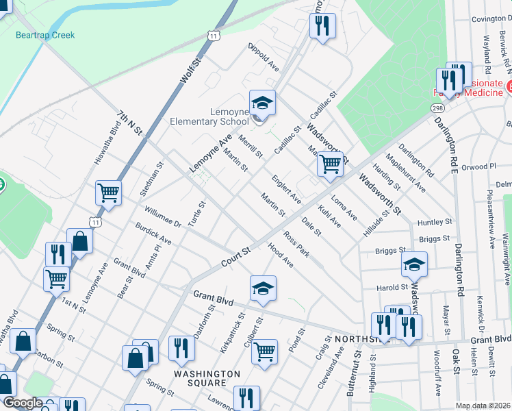 map of restaurants, bars, coffee shops, grocery stores, and more near 148-50 Kenwood Avenue in Syracuse