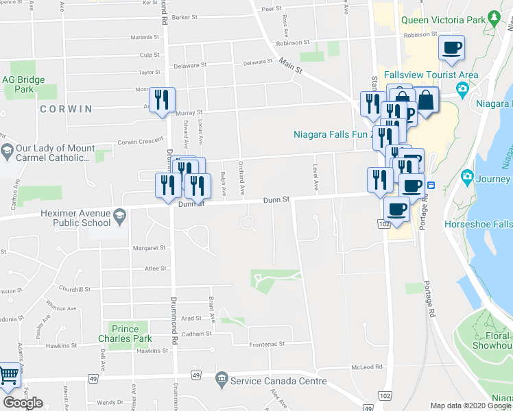 map of restaurants, bars, coffee shops, grocery stores, and more near 5946 Dunn Street in Niagara Falls