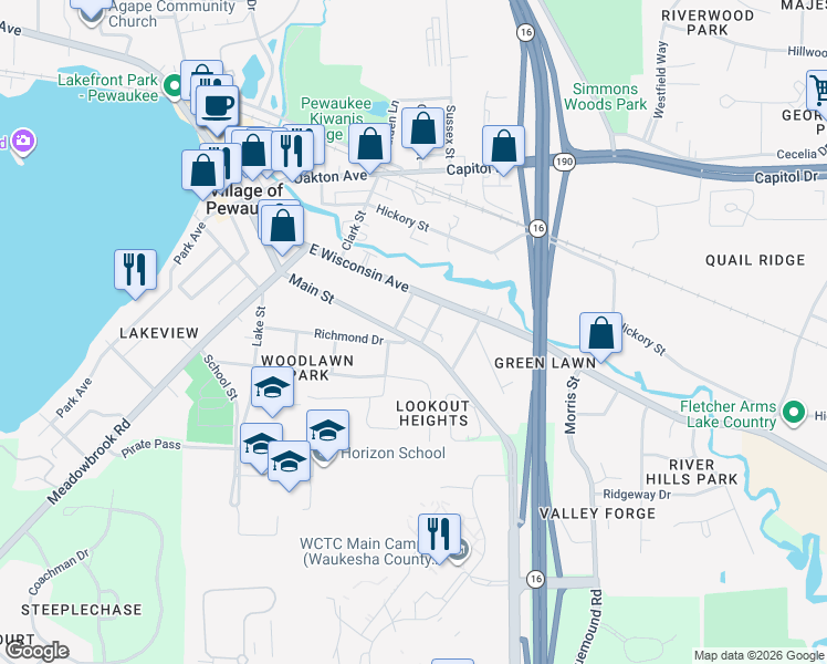 map of restaurants, bars, coffee shops, grocery stores, and more near 417 Main Street in Pewaukee