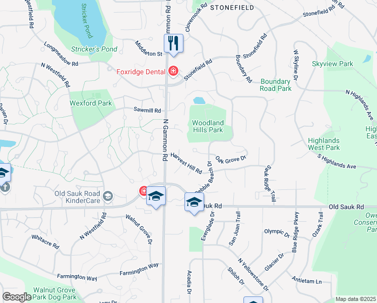 map of restaurants, bars, coffee shops, grocery stores, and more near 17 Pinehurst Circle in Madison