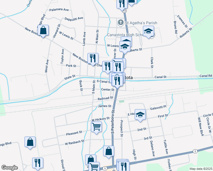 map of restaurants, bars, coffee shops, grocery stores, and more near 134 Center Street in Canastota