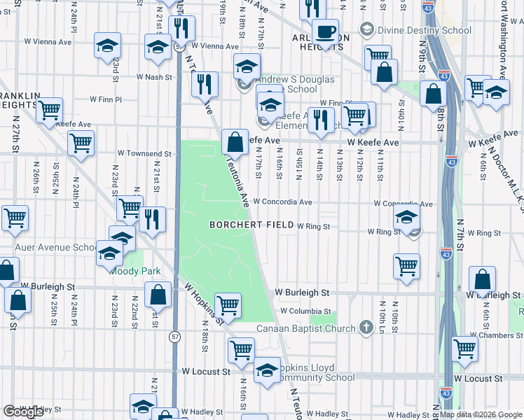 map of restaurants, bars, coffee shops, grocery stores, and more near 3275 North 16th Street in Milwaukee